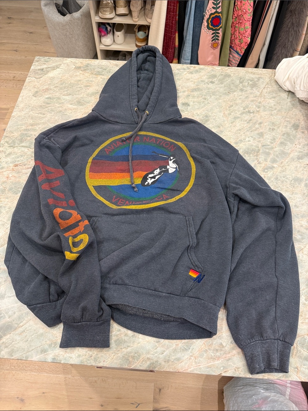 Aviator Nation Charcoal Hoodie with Rainbow Chest Emblem